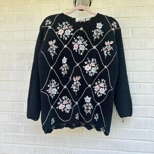 Vintage 90s Worthington Black Embroidered Floral Sweater